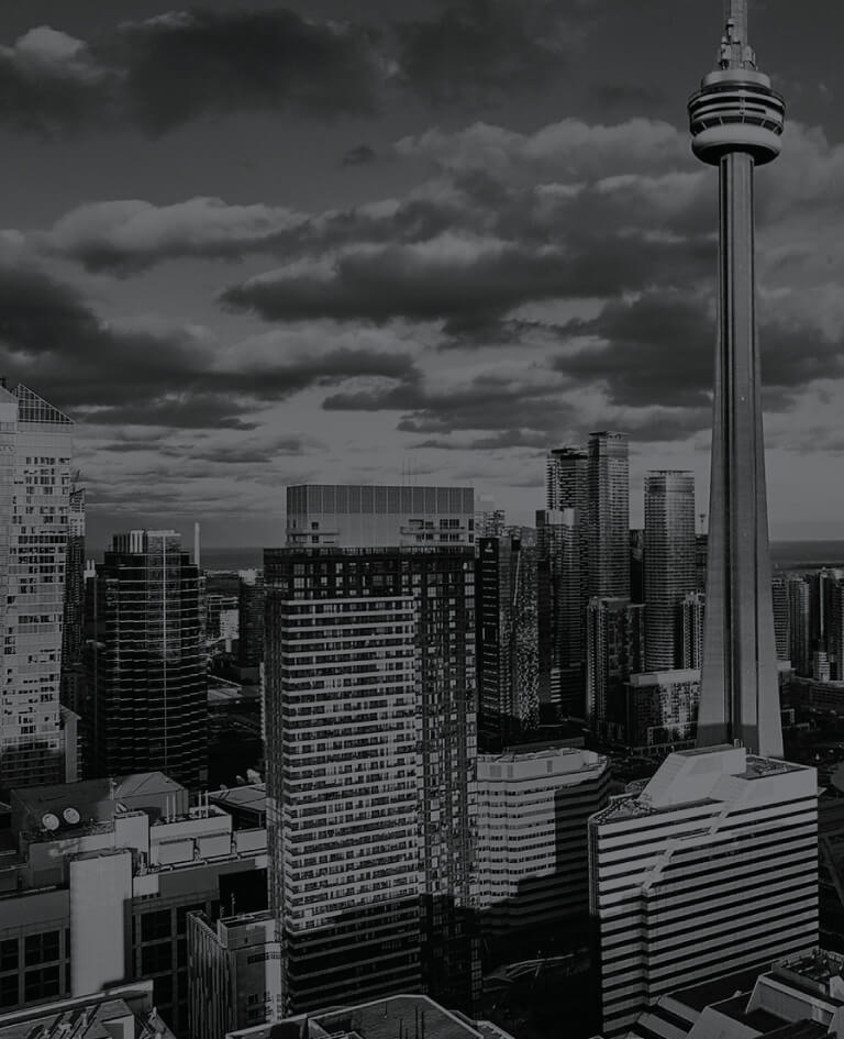 High perspective view of CN Tower and buildings